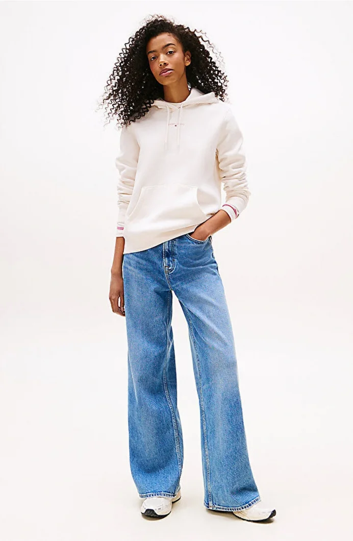 Tommy Hilfiger TJW Normal Kesim Linear Kapüşonlu Kadın Beyaz  Sweatshirt  DW0DW21963YBH