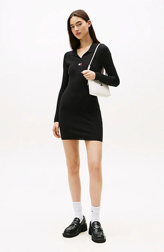 Tommy Hilfiger TJW Yakalı Armalı Kadın Siyah Elbise DW0DW22183BDS