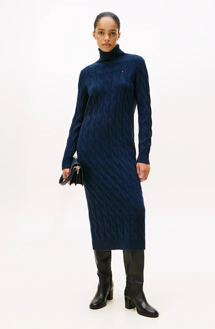 Tommy Hilfiger Yumuşak Yün Saç Örgülü Balıkçı Yaka Uzun Kollu Kadın Mavi Elbise WW0WW46429C1G