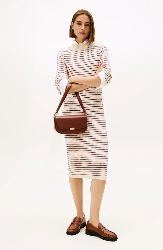 Tommy Hilfiger Yün Kaşmir Karışımlı Saç Örgülü Yarım Balıkçı Yaka Uzun Kollu Kadın Beyaz Elbise WW0WW464300FH