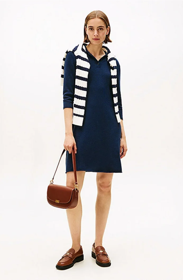 Tommy Hilfiger Yün Kaşmir Karışımlı Saç Örgülü Yarım Balıkçı Yaka Uzun Kollu Kadın Mavi Elbise WW0WW46430C1G