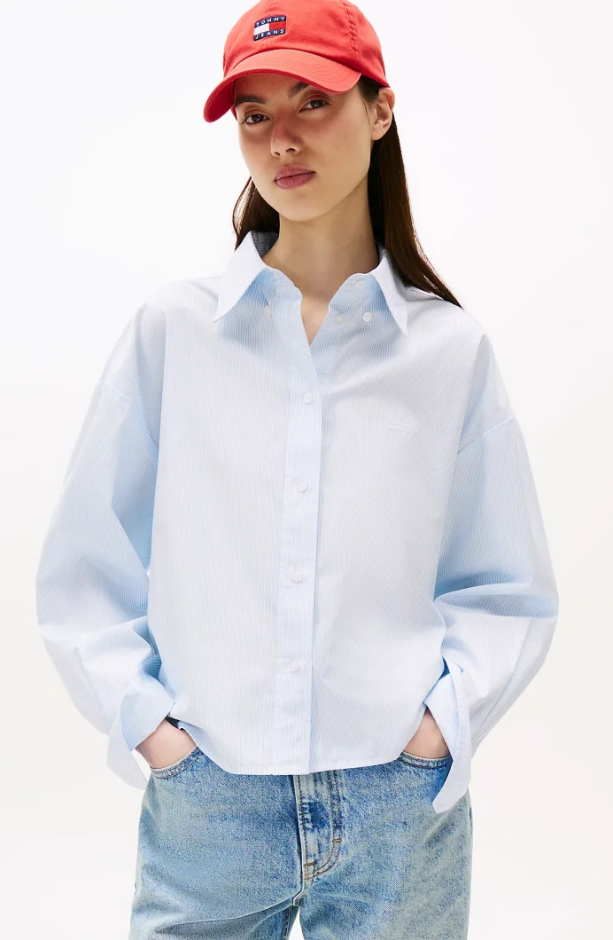 Tommy Hilfiger Kadın Çizgili Kısa Poplin Mavi Gömlek DW0DW214000BC