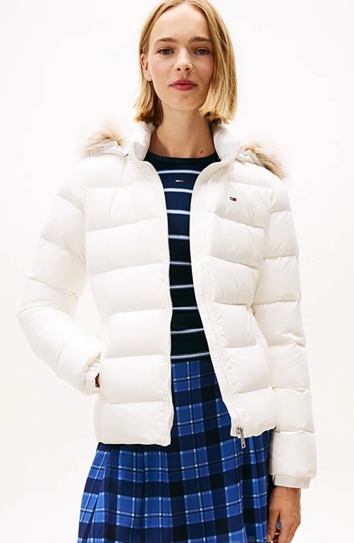 Tommy Hilfiger TJW Basic Kapüşonlu Kuş Tüyü Kadın Beyaz  Mont  DW0DW18312YBL