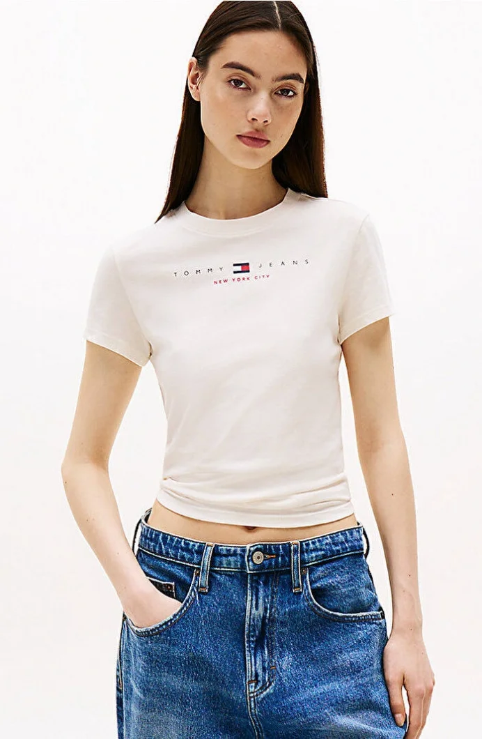 Tommy Hilfiger TJW SLIM TJ US LINEAR SS TEE Kadın Beyaz T-shirt DW0DW21422YBH
