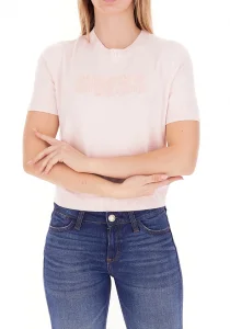 Guess Kısa Kollu Bisiklet Yaka Norah Logolu Triko Kadın Pembe Triko W6RR47Z2NQ2-A627