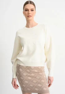 Guess Uzun Kollu Bisiklet Yaka Parker 4G Logolu Triko Kadın Beyaz Triko W6RR48Z26I2-G047