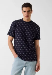 Guess Bisiklet Yaka Kısa Kollu Jakarlı 4G Örme Erkek Lacivert Top M6GP34K3200-FBDB