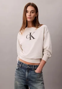 Calvin Klein Monologo Uzun Kollu Rahat Kesim Penye Bisiklet Yaka Kadın Gri Sweatshirt LV047B234G-P4P