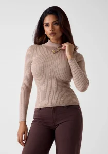 Guess Uzun Kollu Balıkçı Yaka Priscilla Saç Örgü Fitilli Triko Kadın Bej Triko W6RR07Z2YK2-A10L