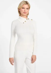 Guess Uzun Kollu Balıkçı Yaka Priscilla Saç Örgü Fitilli Triko Kadın Beyaz Triko W6RR07Z2YK2-G1O6