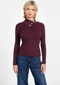 Guess Uzun Kollu Balıkçı Yaka Priscilla Saç Örgü Fitilli Triko Kadın Bordo Triko W6RR07Z2YK2-RGP