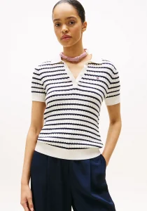 Tommy Hilfiger Kadın Pamuklu İnce Örgü Kısa Kollu Beyaz Polo Yaka  Kazak WW0WW414740FG