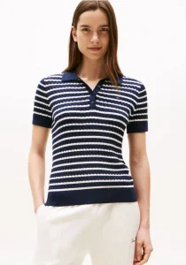 Tommy Hilfiger Kadın Pamuklu İnce Örgü Kısa Kollu Mavi Polo Yaka Kazak WW0WW414740BB