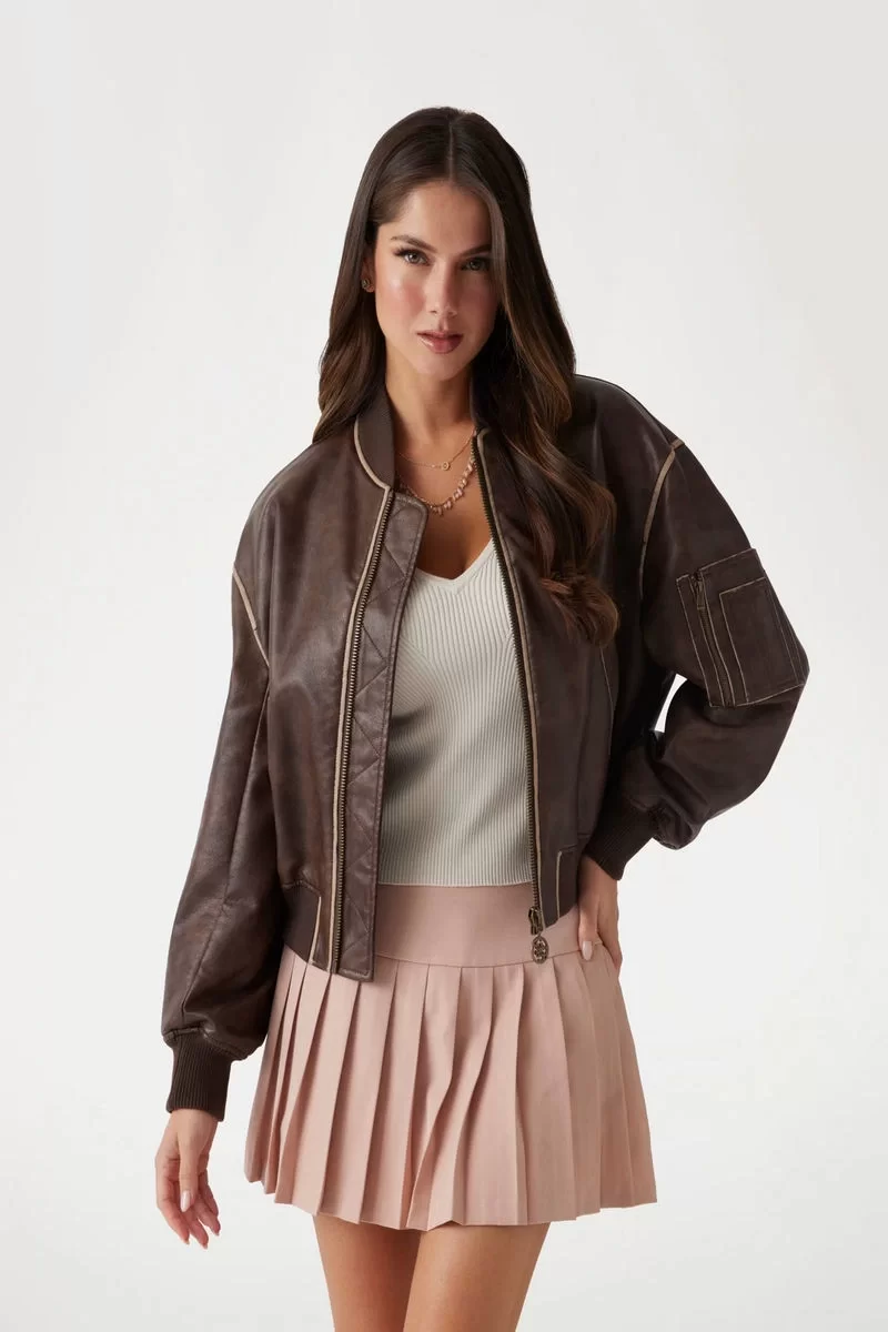 Guess ANGELIQUE VINTAGE PU BOMBER Kadın Kahverengi Ceket W5RL21WGW40-G1EB