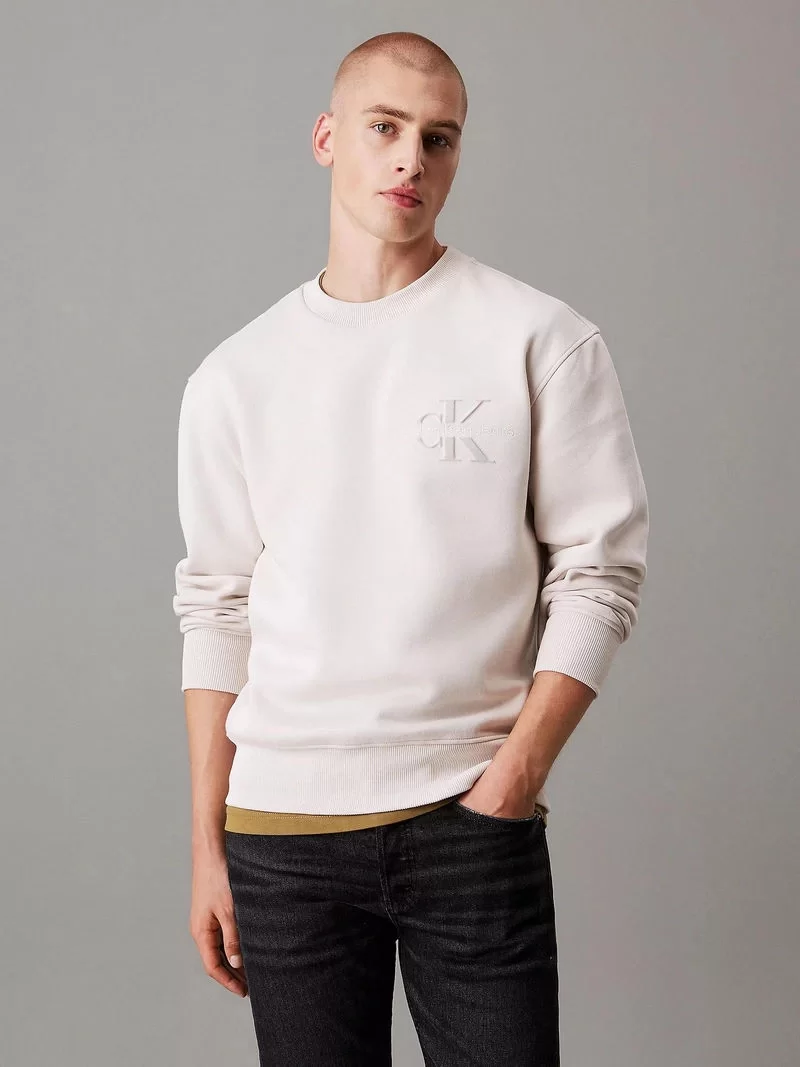 CK Jeans BRISTLE MONOLOGO CREW NECK Erkek Ekru Sweatshirt J30J327105-PDH