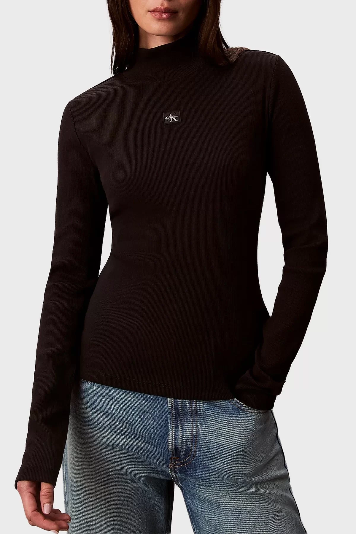 Calvin Klein Jeans Dokuma Etiketli Uzun Kollu Boğazlı Kadın Siyah Kazak  LV047D203G-UB1