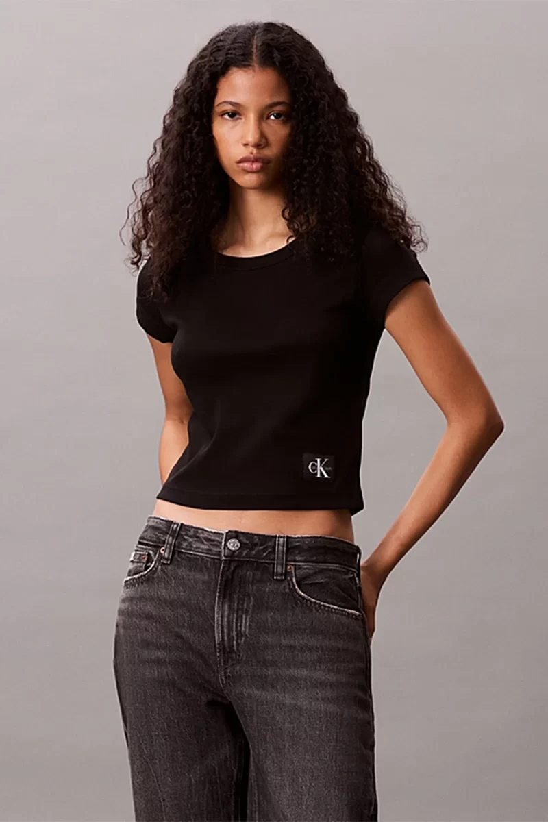 Calvin Klein Jeans Kadın Etiketli Fitilli Kısa Siyah T-shirt LV047C200G-UB1