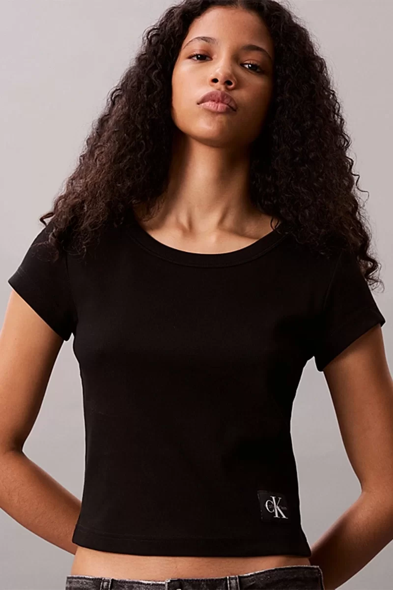 Calvin Klein Jeans Kadın Etiketli Fitilli Kısa Siyah T-shirt LV047C200G-UB1