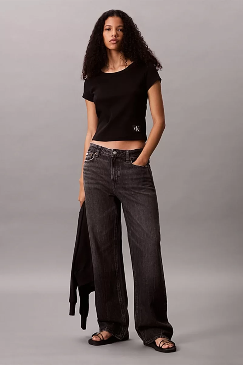 Calvin Klein Jeans Kadın Etiketli Fitilli Kısa Siyah T-shirt LV047C200G-UB1