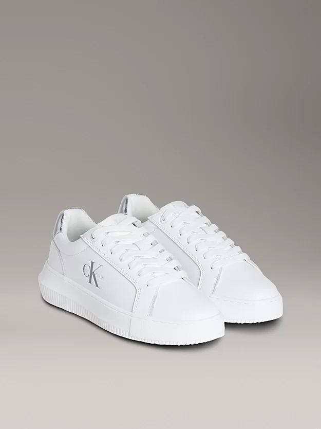 Calvin Klein Jeans Kadın Gümüş Rengi Deri Kalın Tabanlı Beyaz Sneaker YW0YW01876-02R