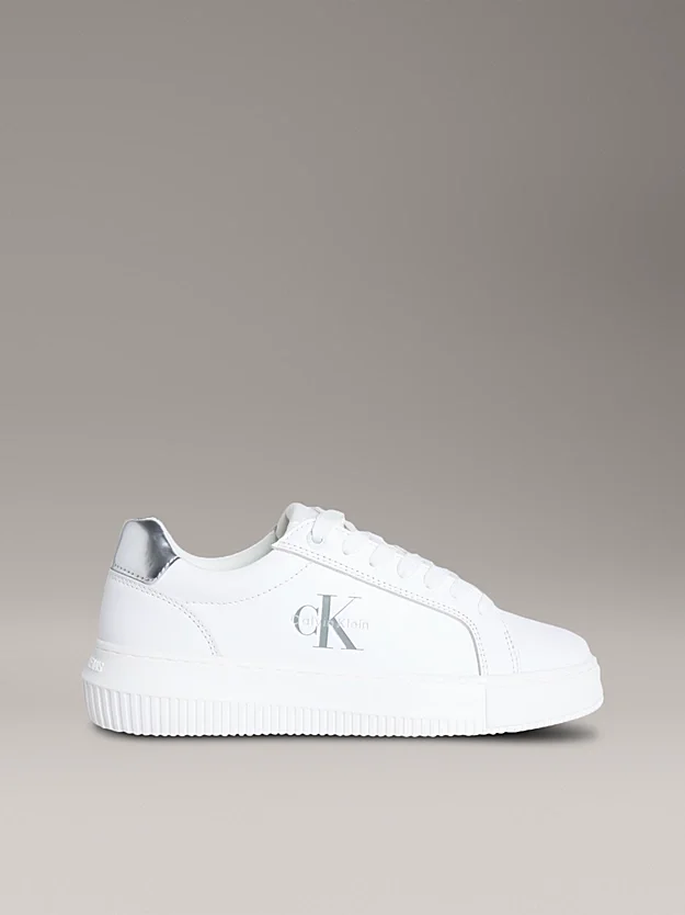 Calvin Klein Jeans Kadın Gümüş Rengi Deri Kalın Tabanlı Beyaz Sneaker YW0YW01876-02R