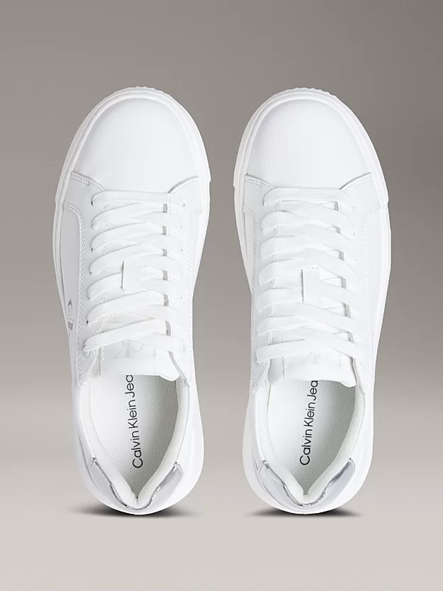 Calvin Klein Jeans Kadın Gümüş Rengi Deri Kalın Tabanlı Beyaz Sneaker YW0YW01876-02R