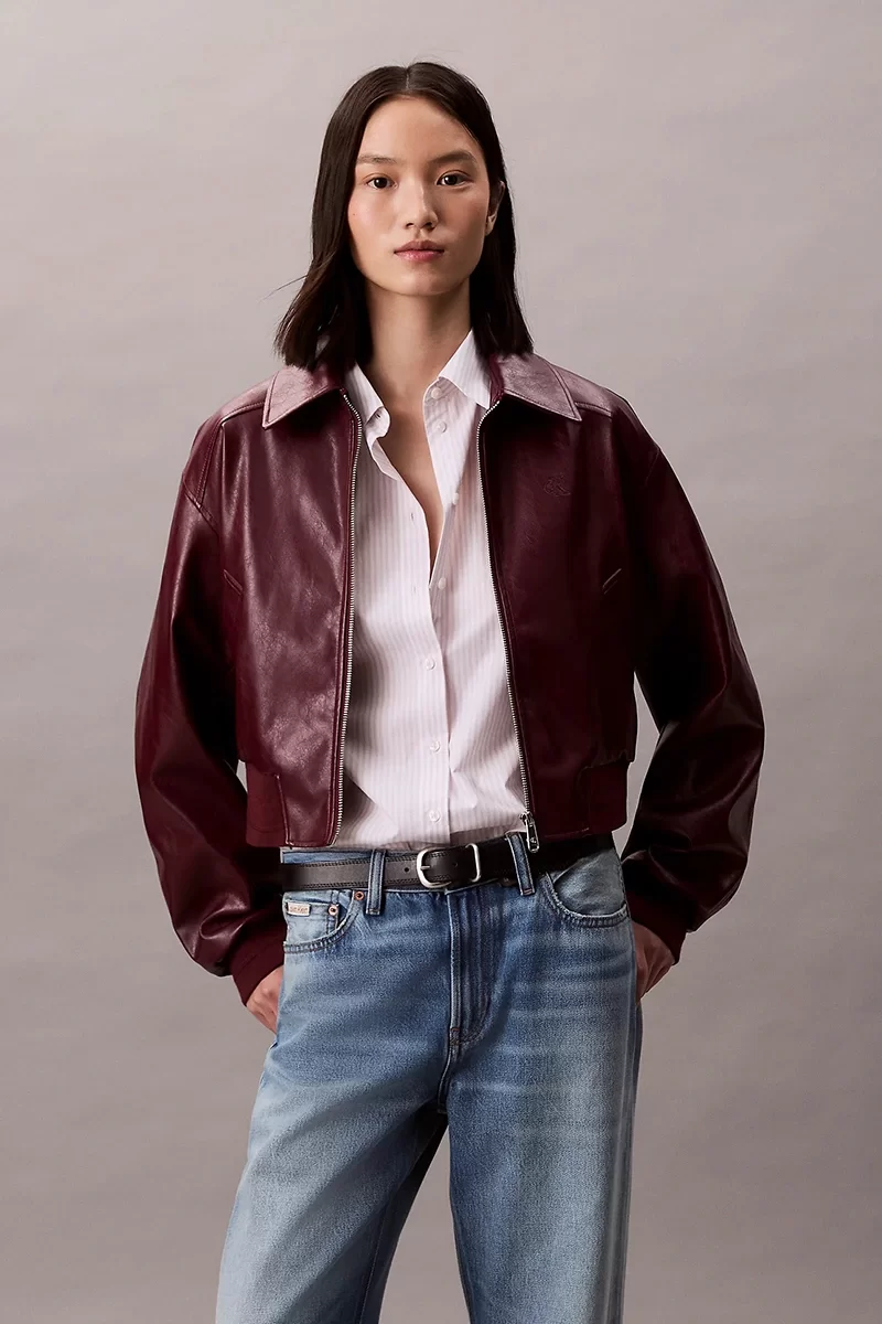 Calvin Klein Jeans Kısa Kesim Kırışık Suni Deri Kadın  Bordo Ceket LV047C518G-VLP