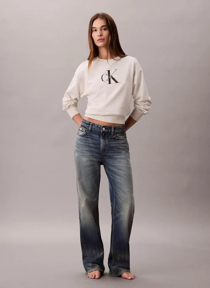 Calvin Klein Monologo Uzun Kollu Rahat Kesim Penye Bisiklet Yaka Kadın Gri Sweatshirt LV047B234G-P4P