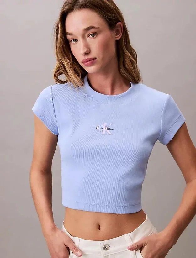 Calvin Klein Jeans Rib Kadın Mavi T-shirt LV047AB802-7ZQ