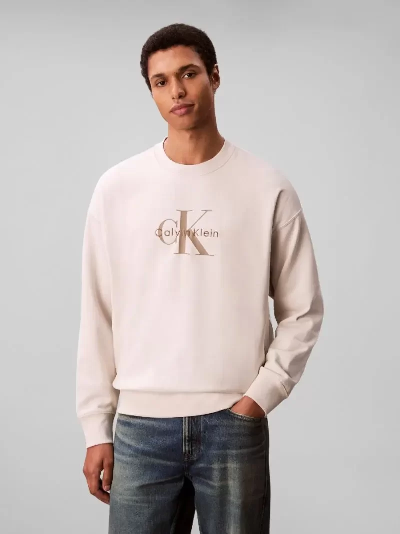 Calvin Klein Jeans Uzun Kollu 350gr Penye Monologolu Bisiklet Yaka Erkek Beyaz Sweatshirt LV04RD242G-67U