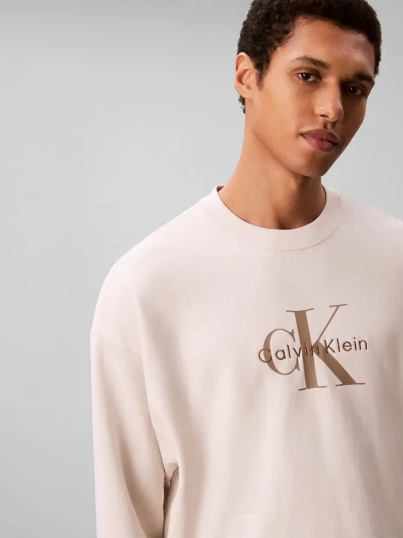 Calvin Klein Jeans Uzun Kollu 350gr Penye Monologolu Bisiklet Yaka Erkek Beyaz Sweatshirt LV04RD242G-67U