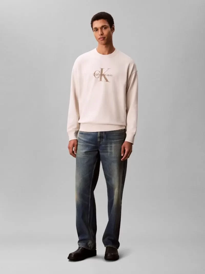 Calvin Klein Jeans Uzun Kollu 350gr Penye Monologolu Bisiklet Yaka Erkek Beyaz Sweatshirt LV04RD242G-67U