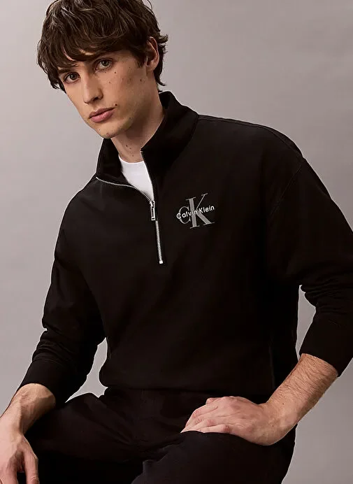 Calvin Klein Jeans Uzun Kollu Premium Penye Mikro Monologolu Erkek Siyah Sweatshirt LV04RD236G-UB1