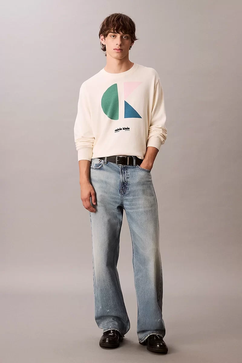 Calvin Klein Jeans Uzun Kollu Renk Bloklu Grafik Pamuklu Beyaz  Erkek Kazak LV04RC303G-YAS