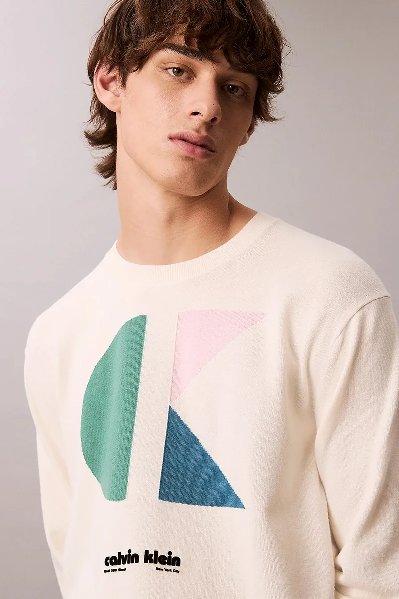 Calvin Klein Jeans Uzun Kollu Renk Bloklu Grafik Pamuklu Beyaz  Erkek Kazak LV04RC303G-YAS
