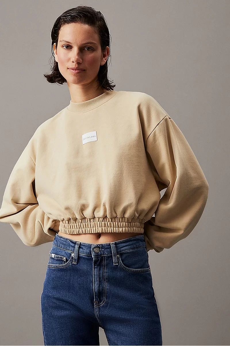 CK Jeans WOVEN LABEL CREW NECK Kadın Bej Sweatshirt J20J223535-RAE