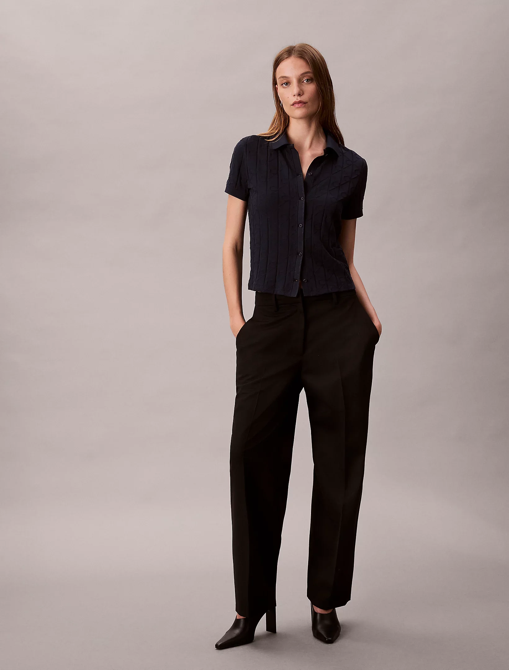 Calvin Klein Kısa Kollu Tamamı Baskılı Jakarlı Polo Kadın Mavi T-shirt LV044D209G-CEF