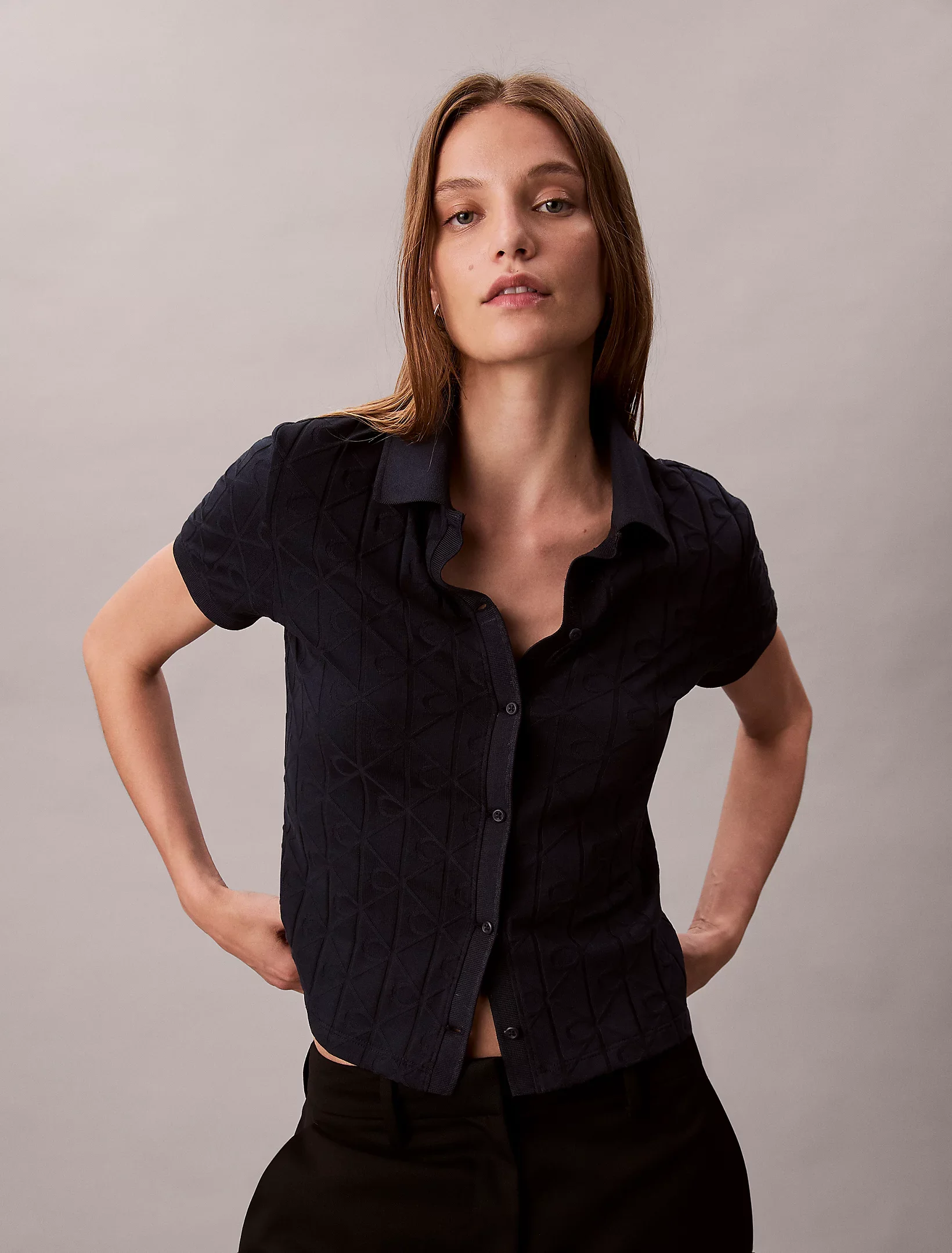 Calvin Klein Kısa Kollu Tamamı Baskılı Jakarlı Polo Kadın Mavi T-shirt LV044D209G-CEF