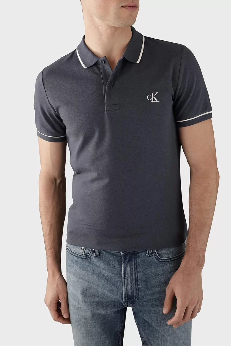 Calvin Klein Erkek Şeritli Logolu Lacivert Polo Yaka T-shirt