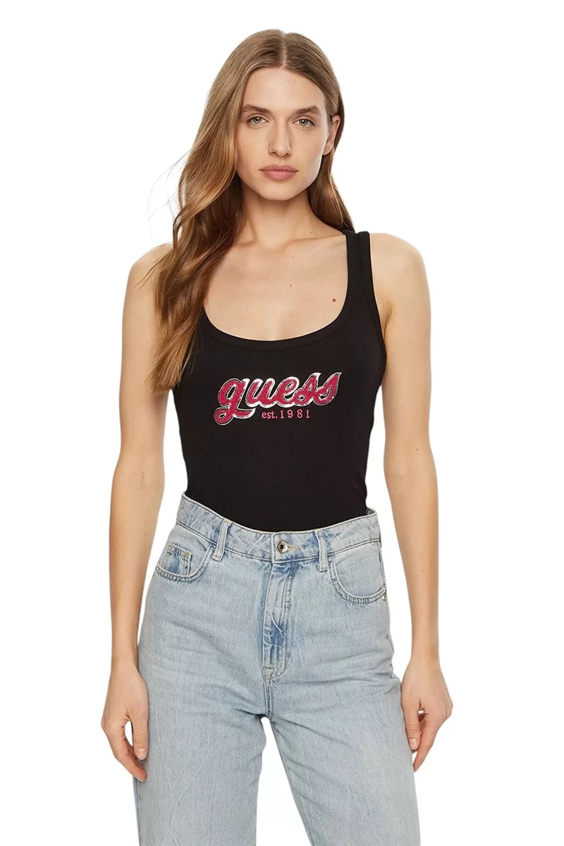 Guess CHENILLE LOGO TANK TOP RIB Kadın Siyah Atlet W5RP03KA0H1-JBLK