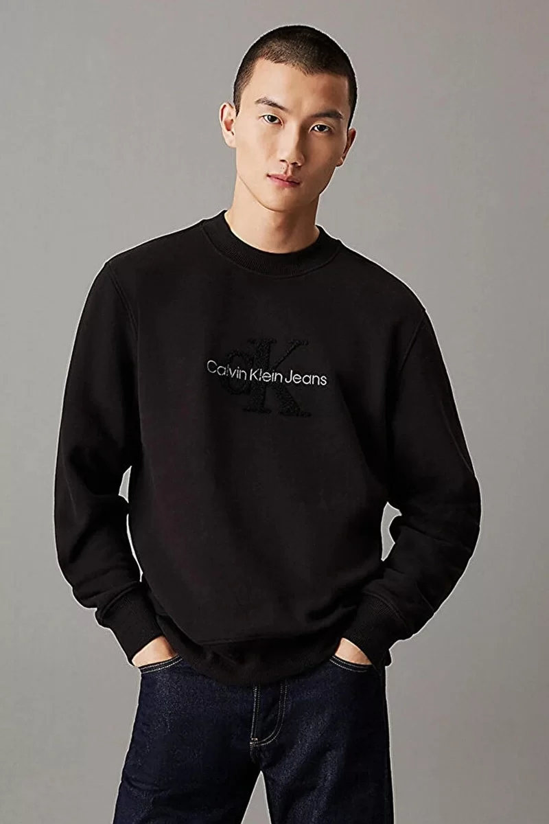 CK Jeans CHENILLE MONOLOGO CREW NECK Erkek SİYAH Sweatshirt J30J326144-BEH