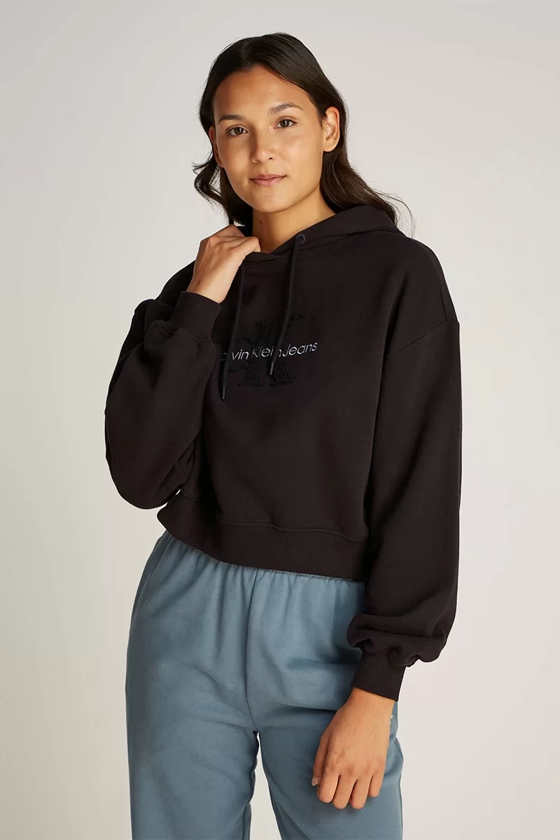 CK Jeans CHENILLE MONOLOGO HOODIE Kadın SİYAH Sweatshirt J20J224170-BEH