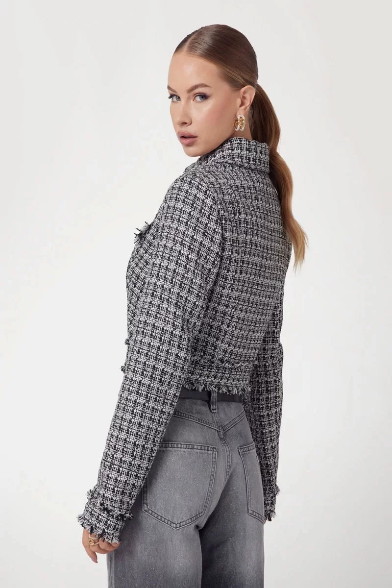 Guess DAPHNEE CROPPED JACKET Kadın Siyah/Beyaz Ceket W5RN47WGW82-F9RS
