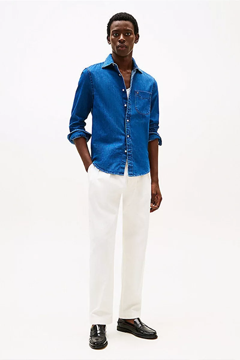 Tommy Hilfiger Erkek Denim Mavi Kot Gömlek