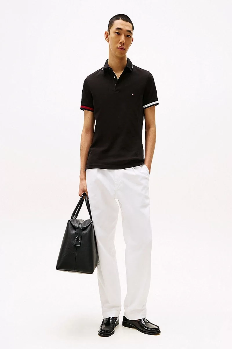 Tommy Hilfiger FLAG CUFF SLIM FIT POLO Erkek siyah T-shirt MW0MW38458BDS