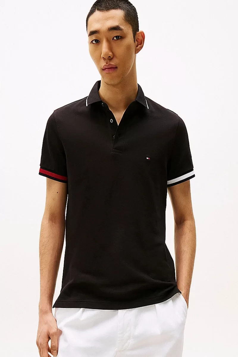 Tommy Hilfiger FLAG CUFF SLIM FIT POLO Erkek siyah T-shirt MW0MW38458BDS