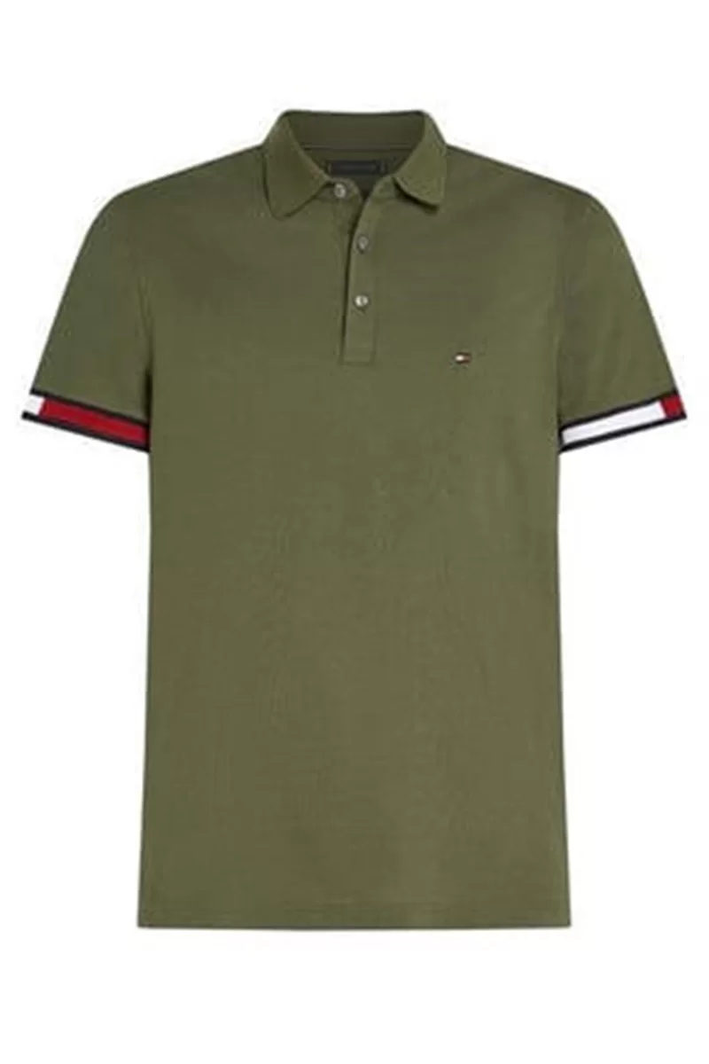 Tommy Hilfiger FLAG CUFF SLIM POLO Erkek haki T-shirt MW0MW37518RBN