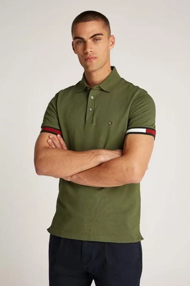 Tommy Hilfiger FLAG CUFF SLIM POLO Erkek haki T-shirt MW0MW37518RBN
