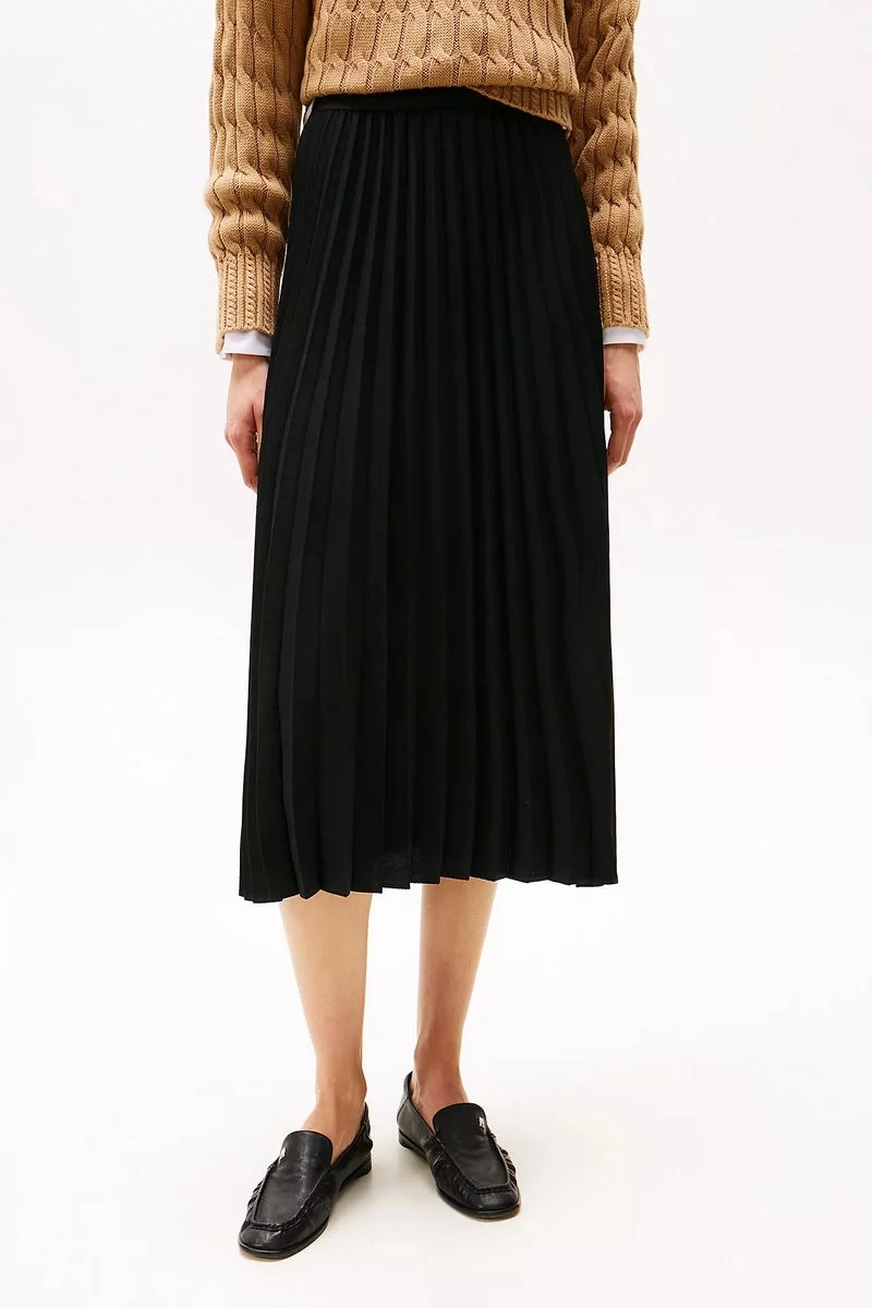 Tommy Hilfiger FLUID PLEATED PULL ON MIDI SKIRT Kadın Siyah Etek WW0WW43886BDS