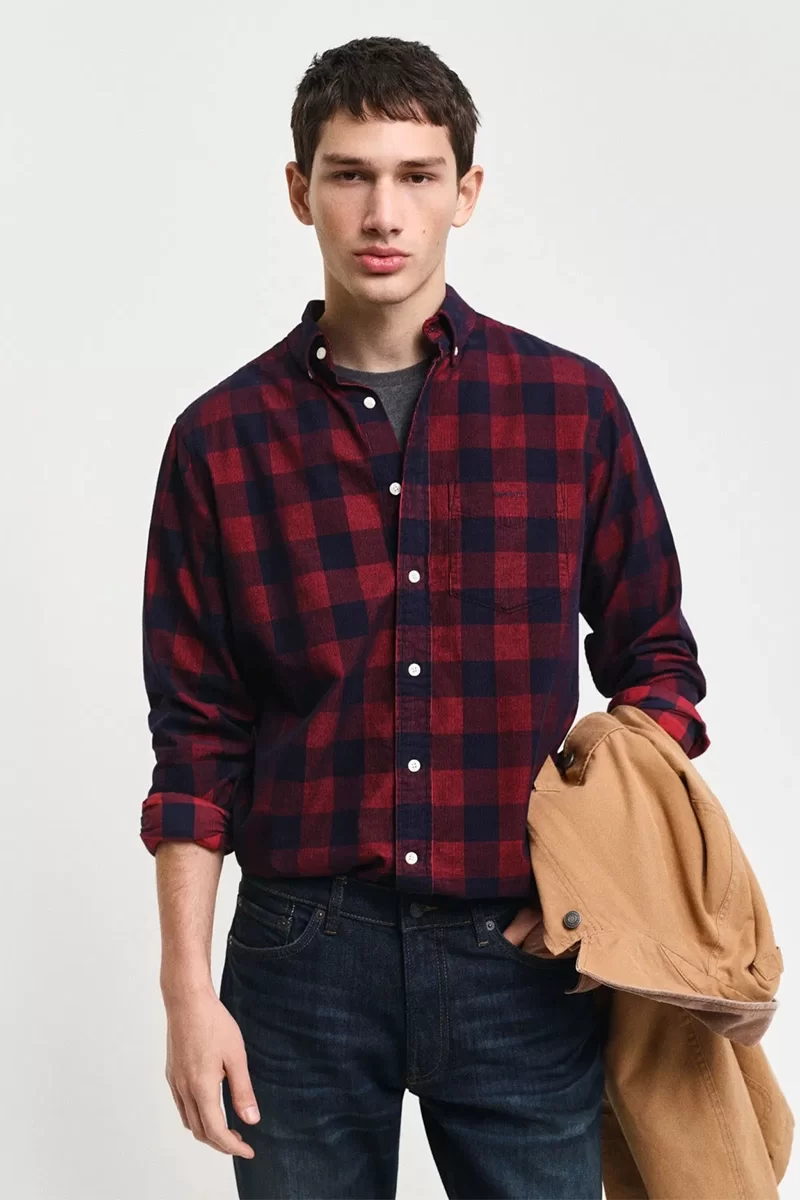 Gant Erkek  Kırmızı Regular Fit Düğmeli Yaka Kareli Gömlek